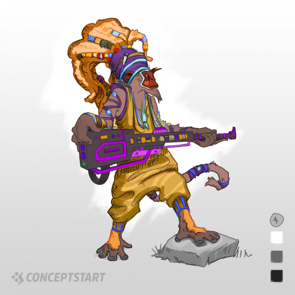 Sci-Fi Character Design Colour VariationsContinuing on with this generated idea of a Sci-Fi Tribal Monkey, I’m exploring some colour variations. The brief also suggested ‘crazy’ so I really wanted to push the tribal theme with crazy outlining colours.Which do you think is best? The final version will be painted over with appropriate effects, details and textures...