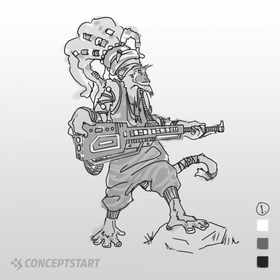 Sci-Fi Character Design Line ArtContinuing from yesterday’s thumbnail session of the Crazy monkey tribesman with a Machine Gun… these two designs study out so I wanted to explore the line art for them.They’re a little crazy so I wanted the guitar to almost feel like it’s something they could play!Which one one should I refine to a finish?