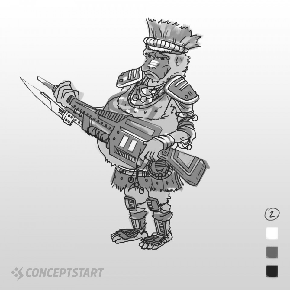 Sci-Fi Character Design Line ArtContinuing from yesterday’s thumbnail session of the Crazy monkey tribesman with a Machine Gun… these two designs study out so I wanted to explore the line art for them.They’re a little crazy so I wanted the guitar to almost feel like it’s something they could play!Which one one should I refine to a finish?