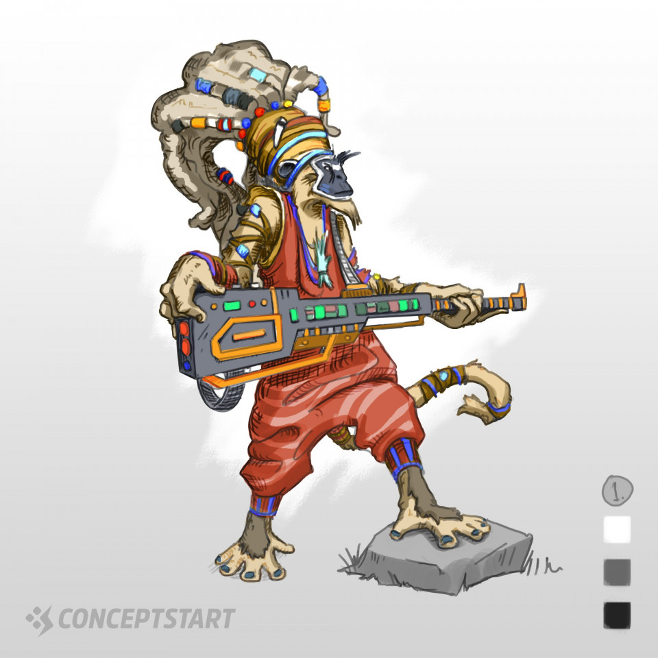 Sci-Fi Character Design Colour VariationsContinuing on with this generated idea of a Sci-Fi Tribal Monkey, I’m exploring some colour variations. The brief also suggested ‘crazy’ so I really wanted to push the tribal theme with crazy outlining colours.Which do you think is best? The final version will be painted over with appropriate effects, details and textures...