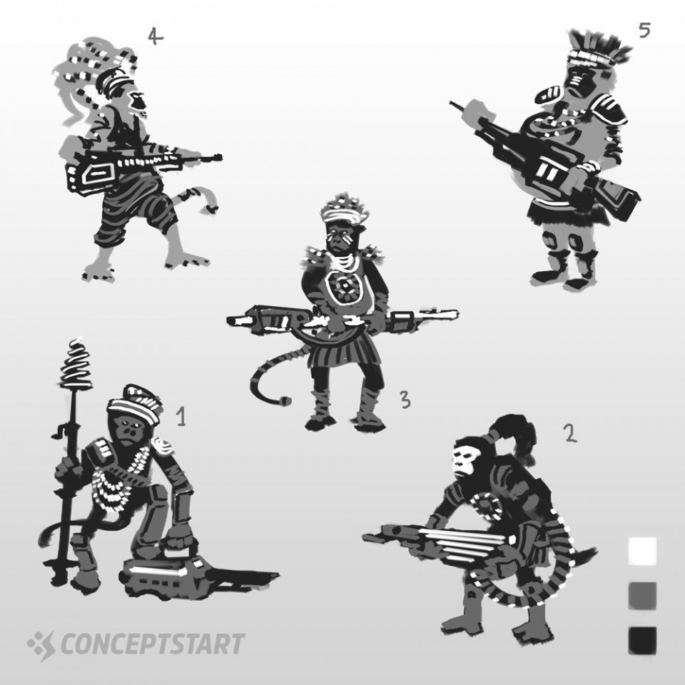 Sci-Fi Character Design ThumbnailsGetting back into some real character design again, starting this brief with 3 value thumbnails.This Crazy Monkey Tribesman with a machine gun is shaping up nicely.Which thumbnail do you prefer?