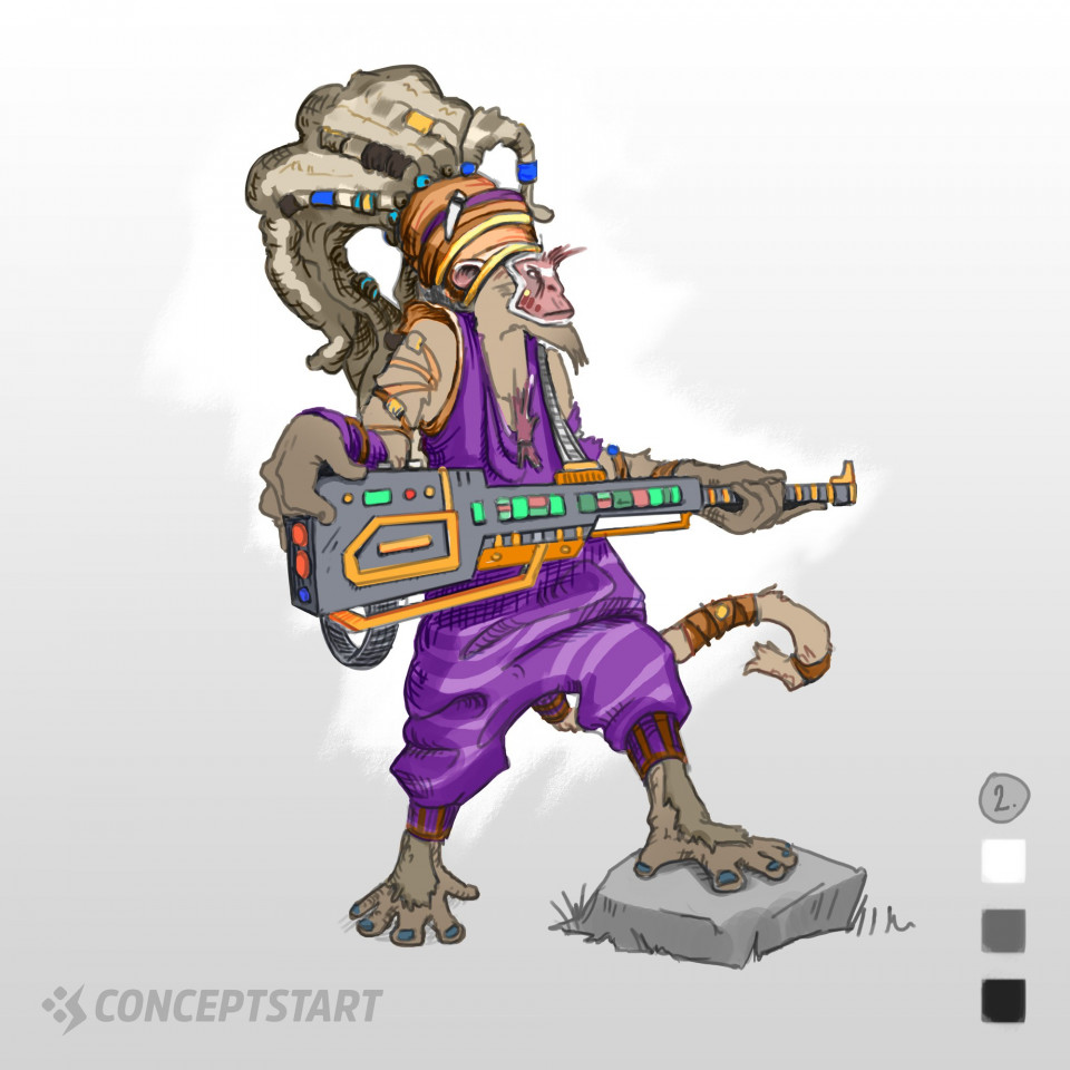 Sci-Fi Character Design Colour VariationsContinuing on with this generated idea of a Sci-Fi Tribal Monkey, I’m exploring some colour variations. The brief also suggested ‘crazy’ so I really wanted to push the tribal theme with crazy outlining colours.Which do you think is best? The final version will be painted over with appropriate effects, details and textures...